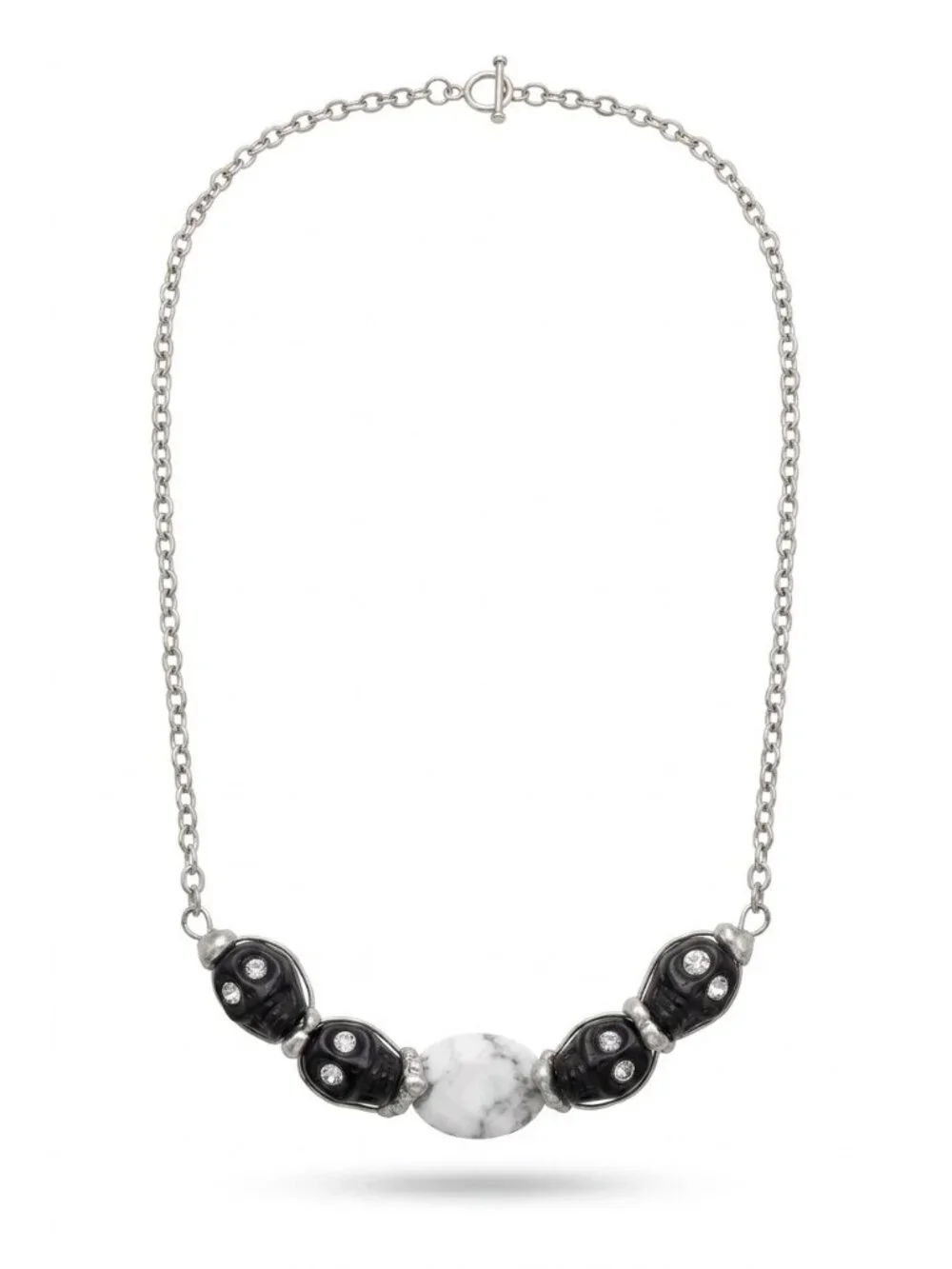Black Onyx Skull & White Marble Bohemian Necklace Swarovski Crystals Hand Solder